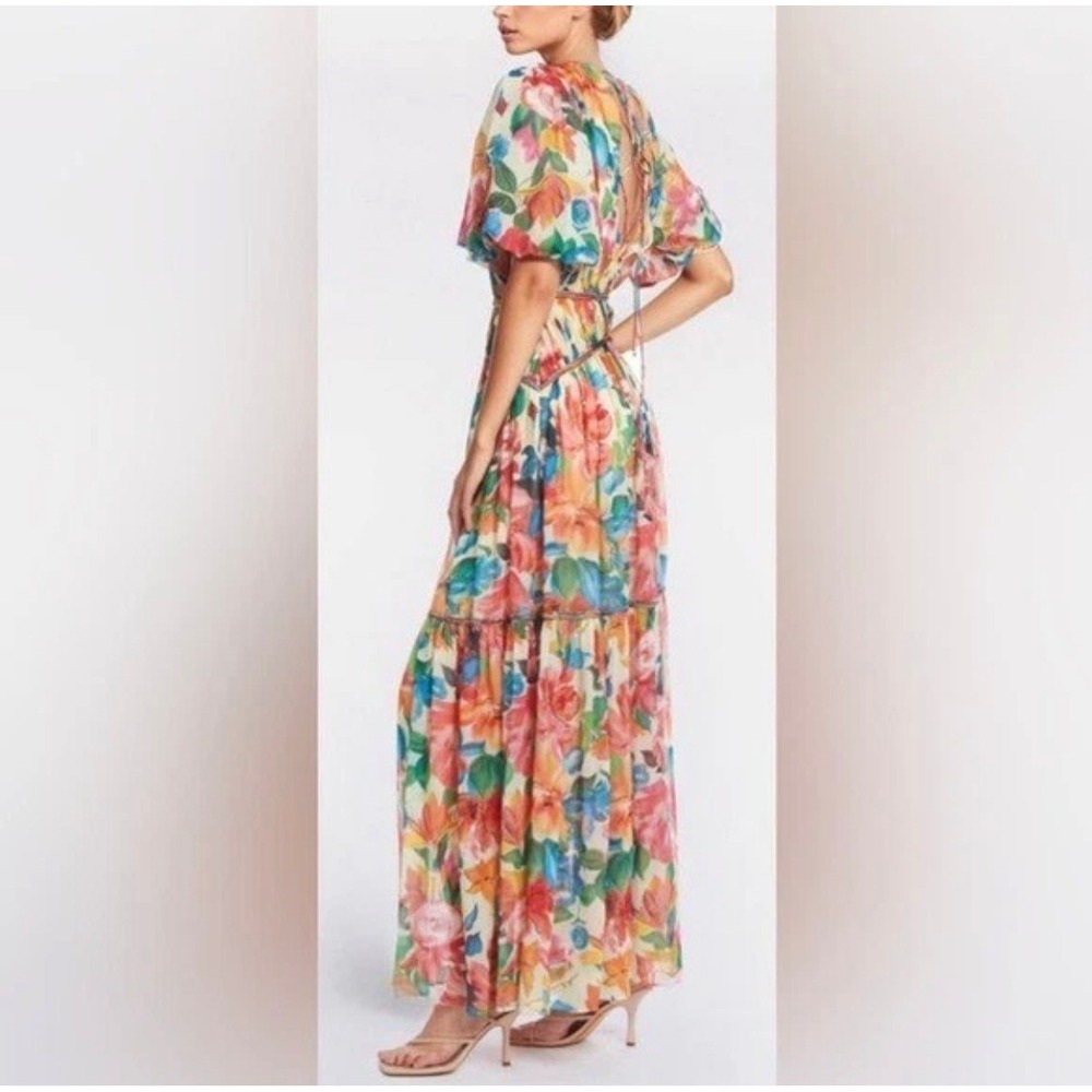 ONE33 Social sz 2 Floral Puff Sleeve Lace Up Back Maxi Dress Multicolor NWOT - Picture 8 of 9